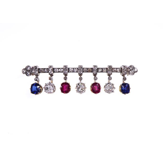 Diamond, ruby and sapphire fringe bar brooch | MasterArt